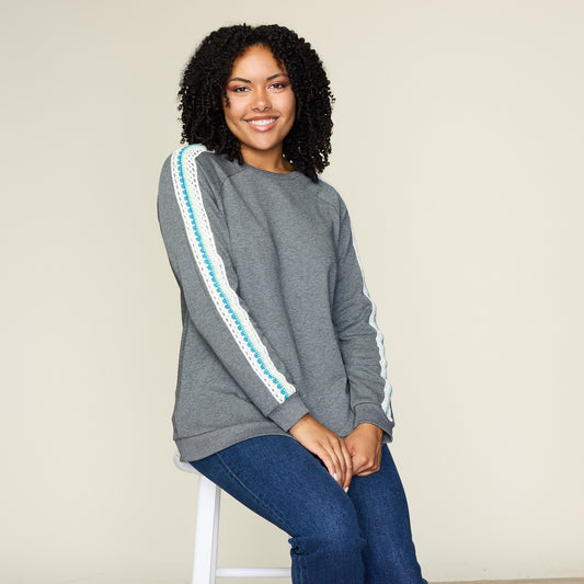 Relaxed Restyled Crochet Sleeve Detail Sweatshirt