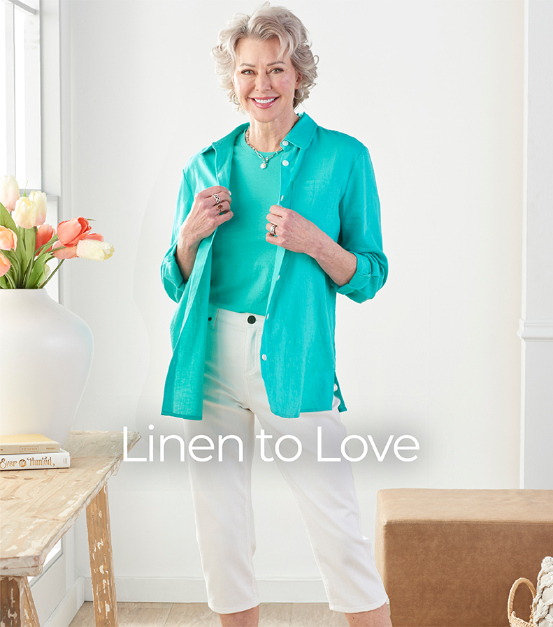 Linen to Love. Featuring a blue button front shirt!