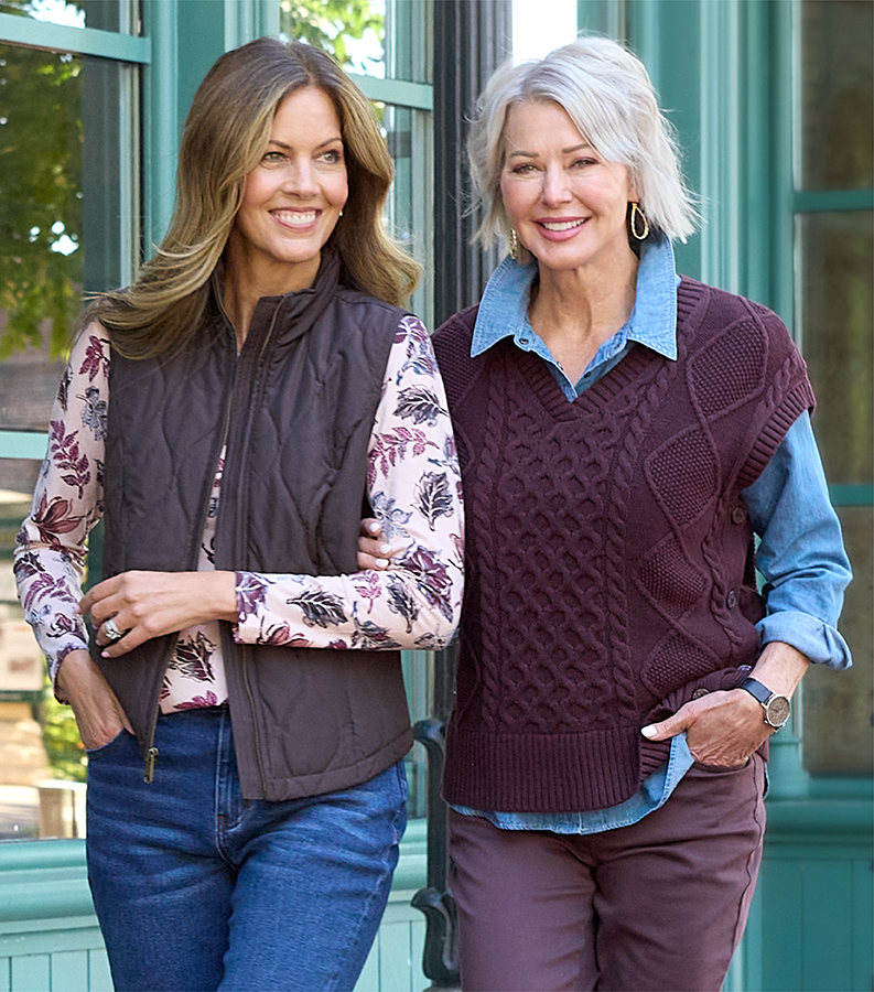 From bold prints to everyday basics, we've put together the pieces that go perfectly together. Featuring a burgundy printed tee, brown vest, blue chambray shirt, and brown pullover vest!