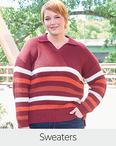 Explore our sweaters! Featuring a striped sweater.