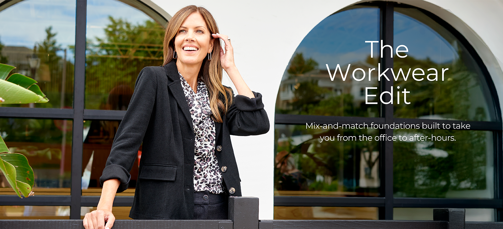 The Workwear Edit: Mix-and-match foundations built to take you from the office to after-hours. Featuring a black knit blazer and printed cowl neck shell!