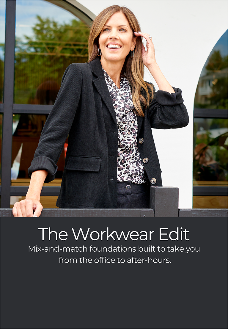 The Workwear Edit: Mix-and-match foundations built to take you from the office to after-hours. Featuring a black knit blazer and printed cowl neck shell!