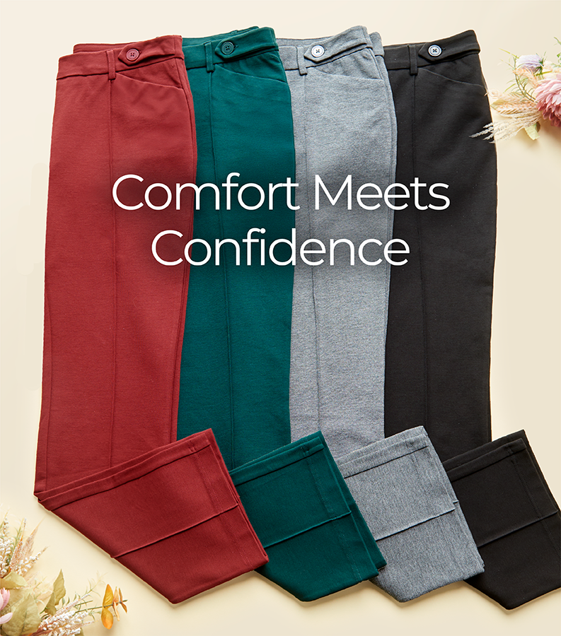 Comfort Meets Confidence. Featuring a red, green, grey, and black ponte bootcut pant!