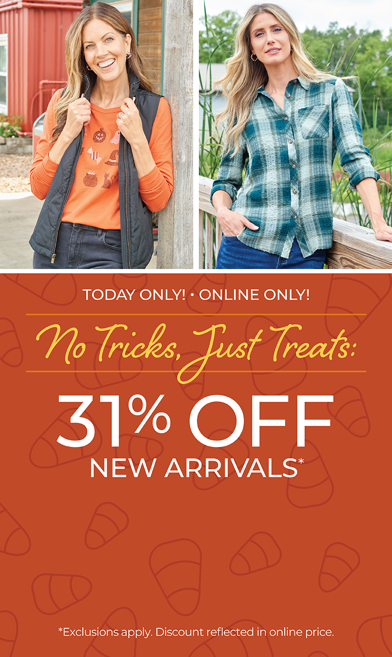 Today Only! Online Only: No Tricks, Just Treats: 31% OFF New Arrivals*exclusions apply. Featuring an orange Halloween tee, black quilted vest, and blue plaid shirt!