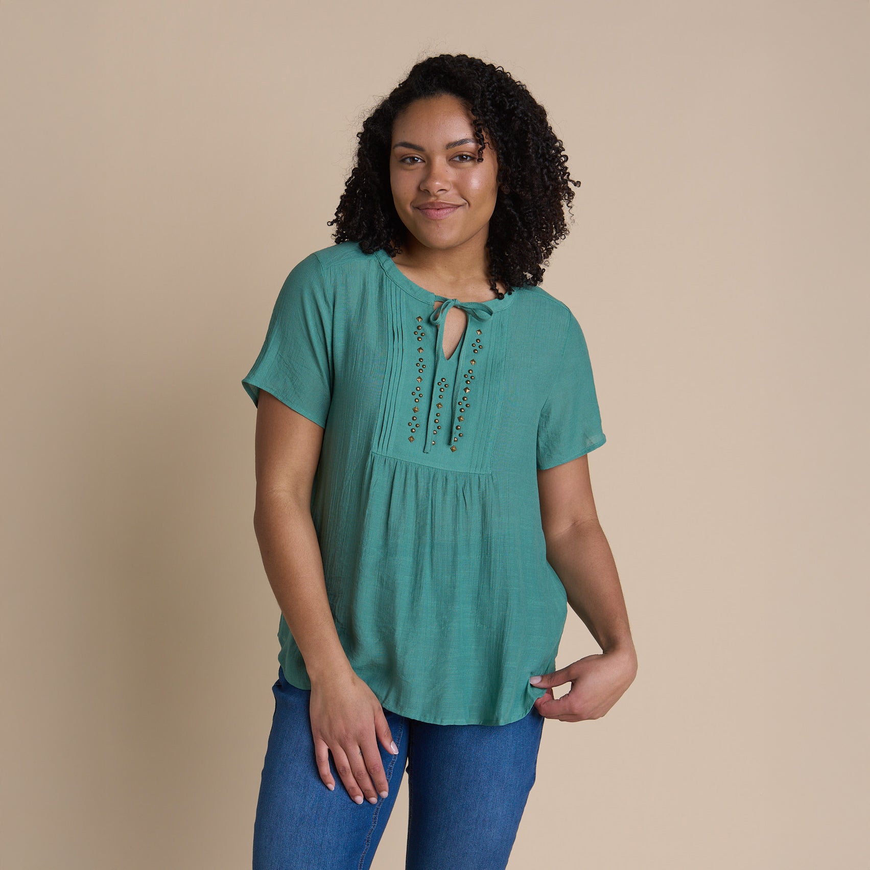 Studded Tie Neck Short Sleeve Blouse – Christopher & Banks
