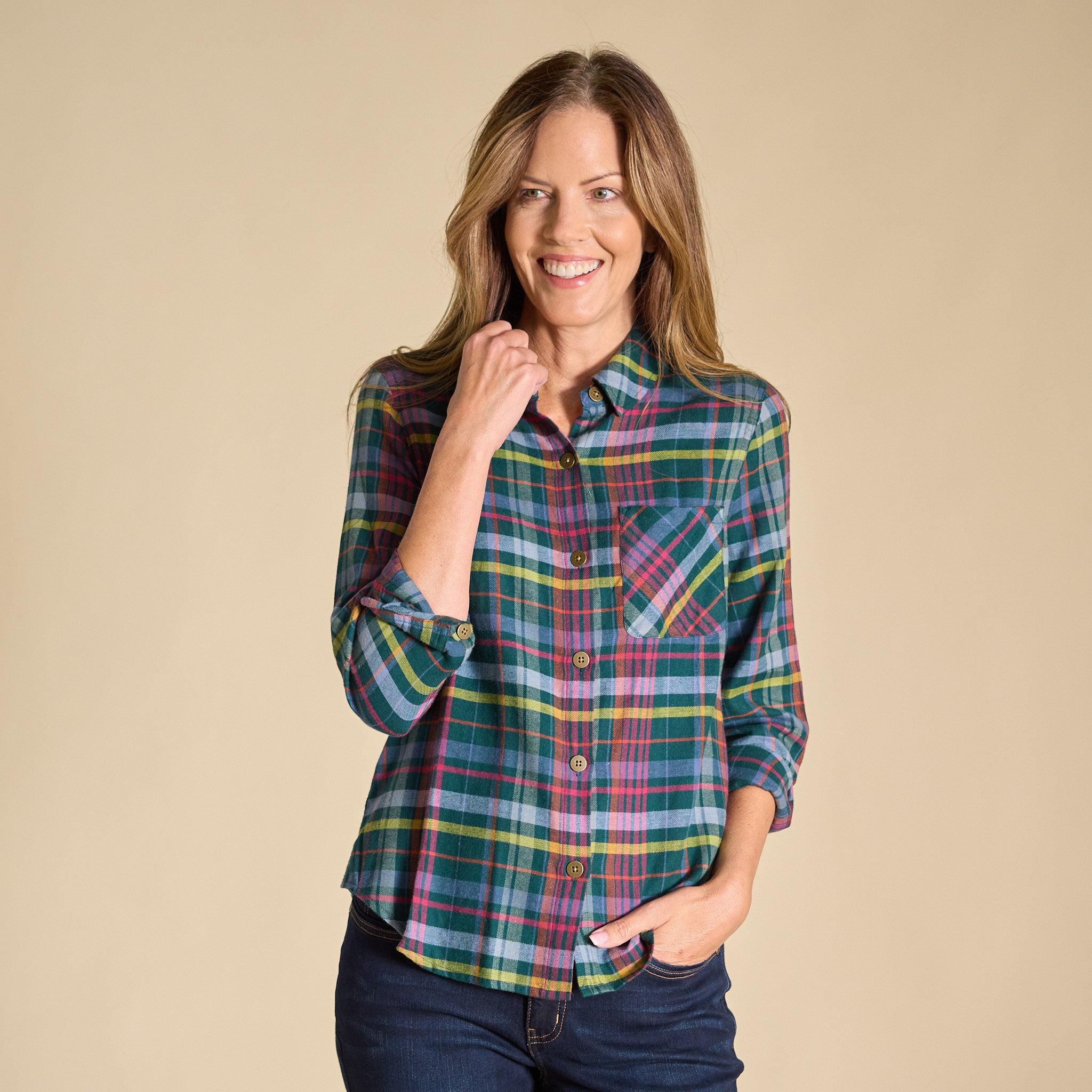 Plaid Button Front Long Sleeve Shirt GREEN MULTI / P/S