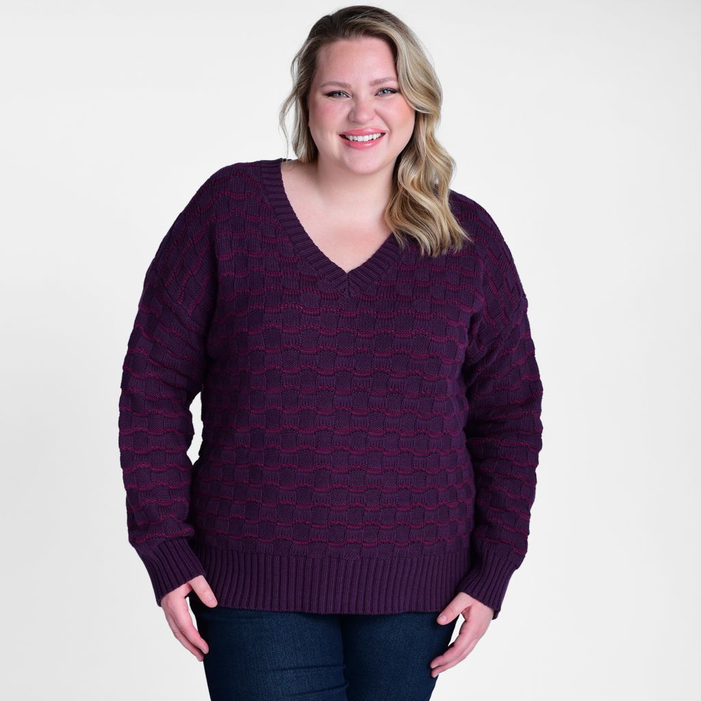 Pointelle Stripe Long Sleeve V Neck Sweater