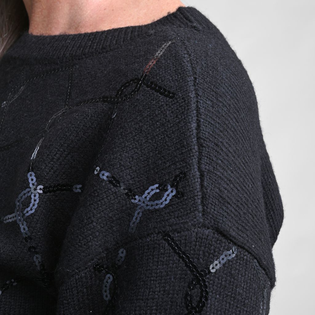 Allover Sequin Patterned Boatneck Sweater