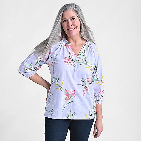 Printed Ruffle Neck 3/4 Sleeve Top