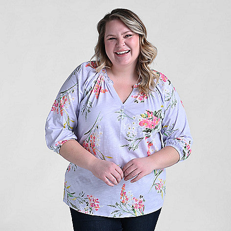 Printed Ruffle Neck 3/4 Sleeve Top