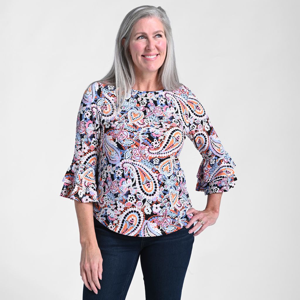 Printed Double Ruffle Sleeve Top