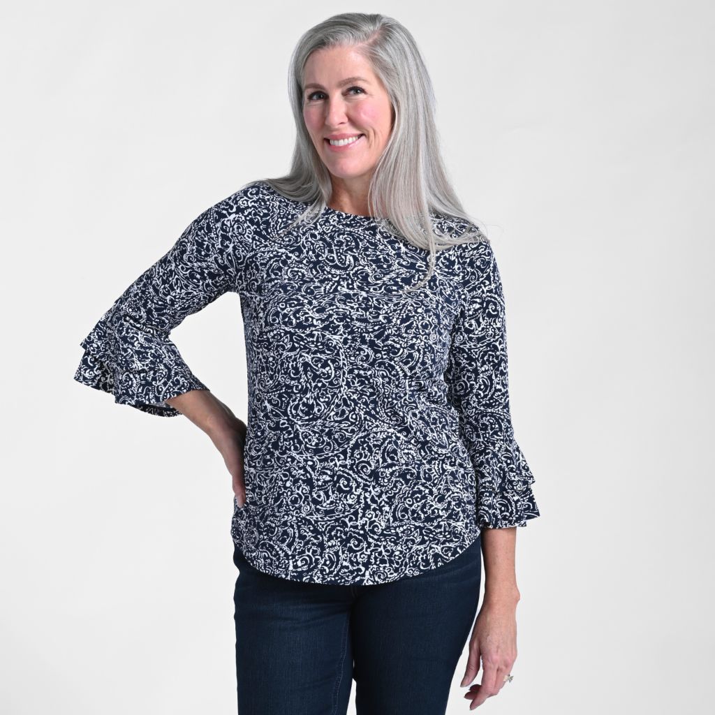 Printed Double Ruffle Sleeve Top