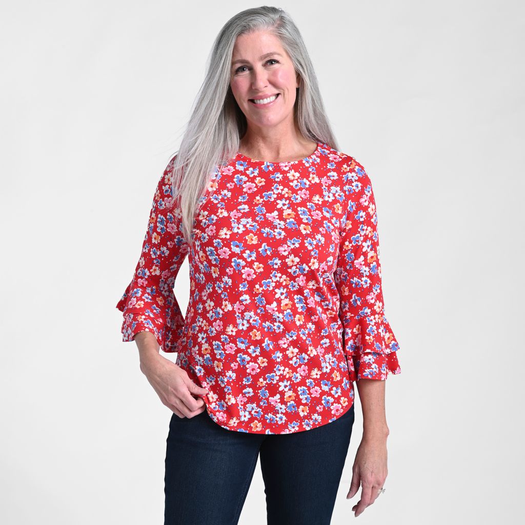 Printed Double Ruffle Sleeve Top