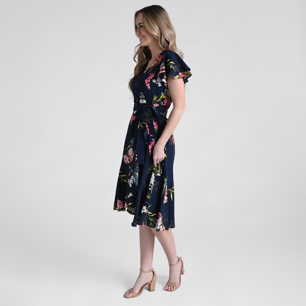 Printed Faux Wrap Ruffle Hem Dress