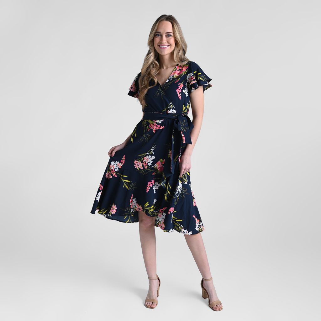 Printed Faux Wrap Ruffle Hem Dress