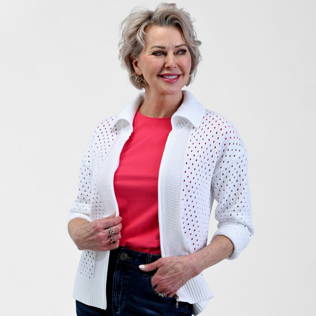 Relaxed Restyled Mesh Zip Up Wide Collar Sweater