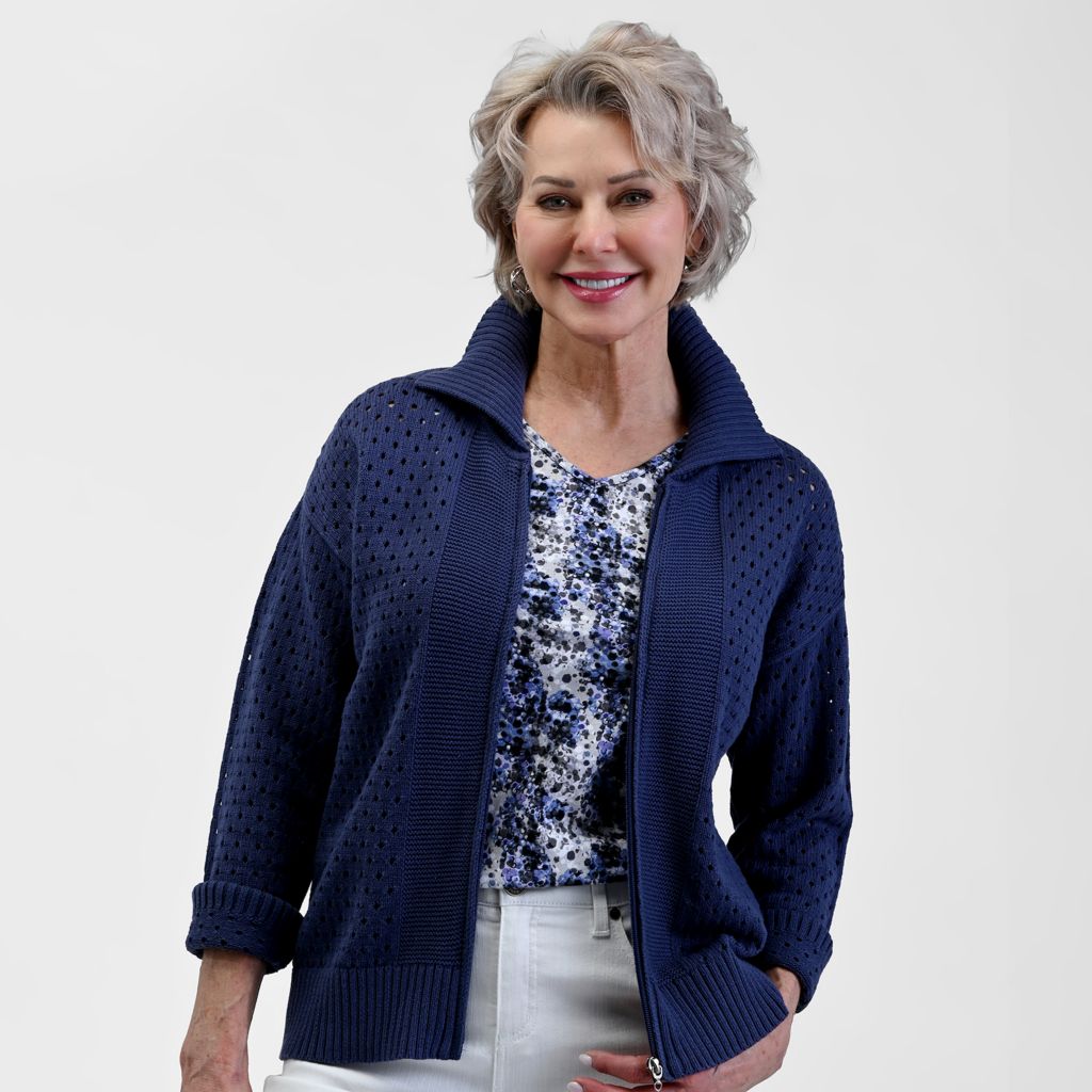 Relaxed Restyled Mesh Zip Up Wide Collar Sweater
