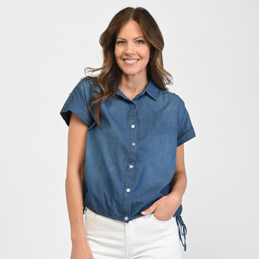 Drawstring Waist Short Sleeve Shirt MEDIUM WASH / L Drawstring Waist Short Sleeve Shirt MEDIUM WASH / L