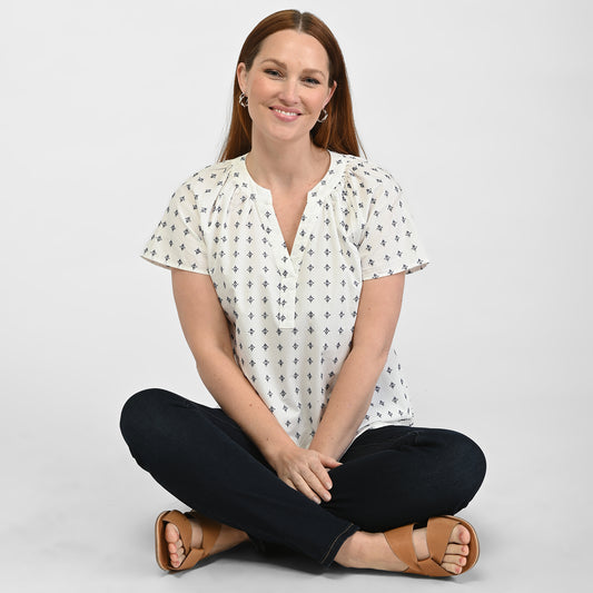 Dobby Cap Sleeve Split Neck Top front missy image