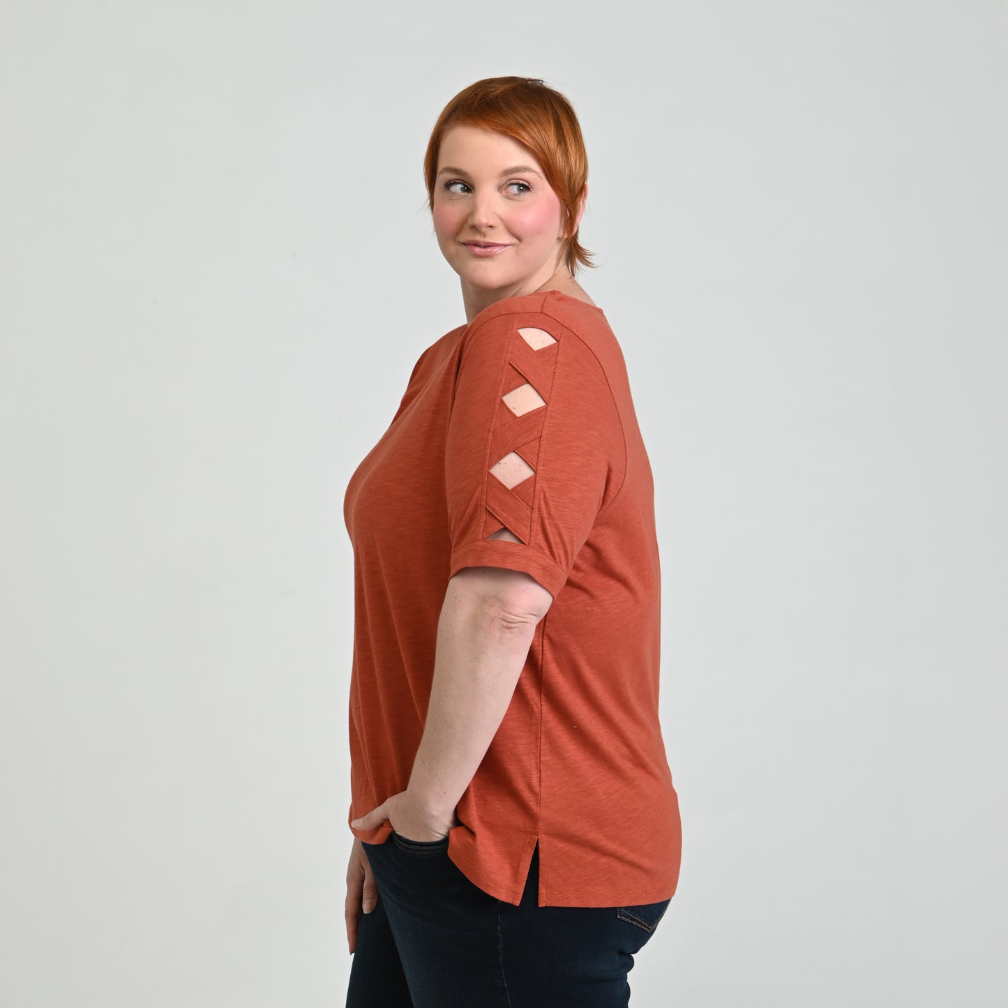 Lattice Sleeve Jewel Neck Top