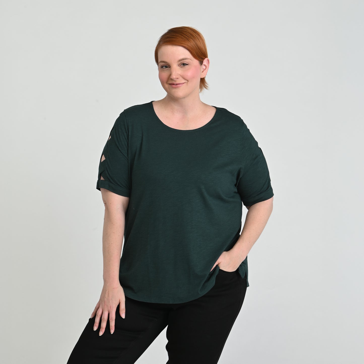 Lattice Sleeve Jewel Neck Top