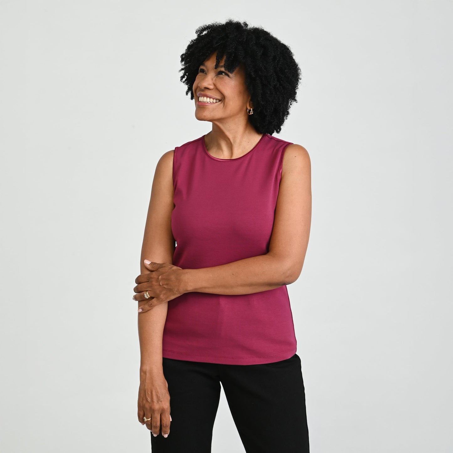 Petite Sleeveless Crew Neck Satin Trim Perfect Tank