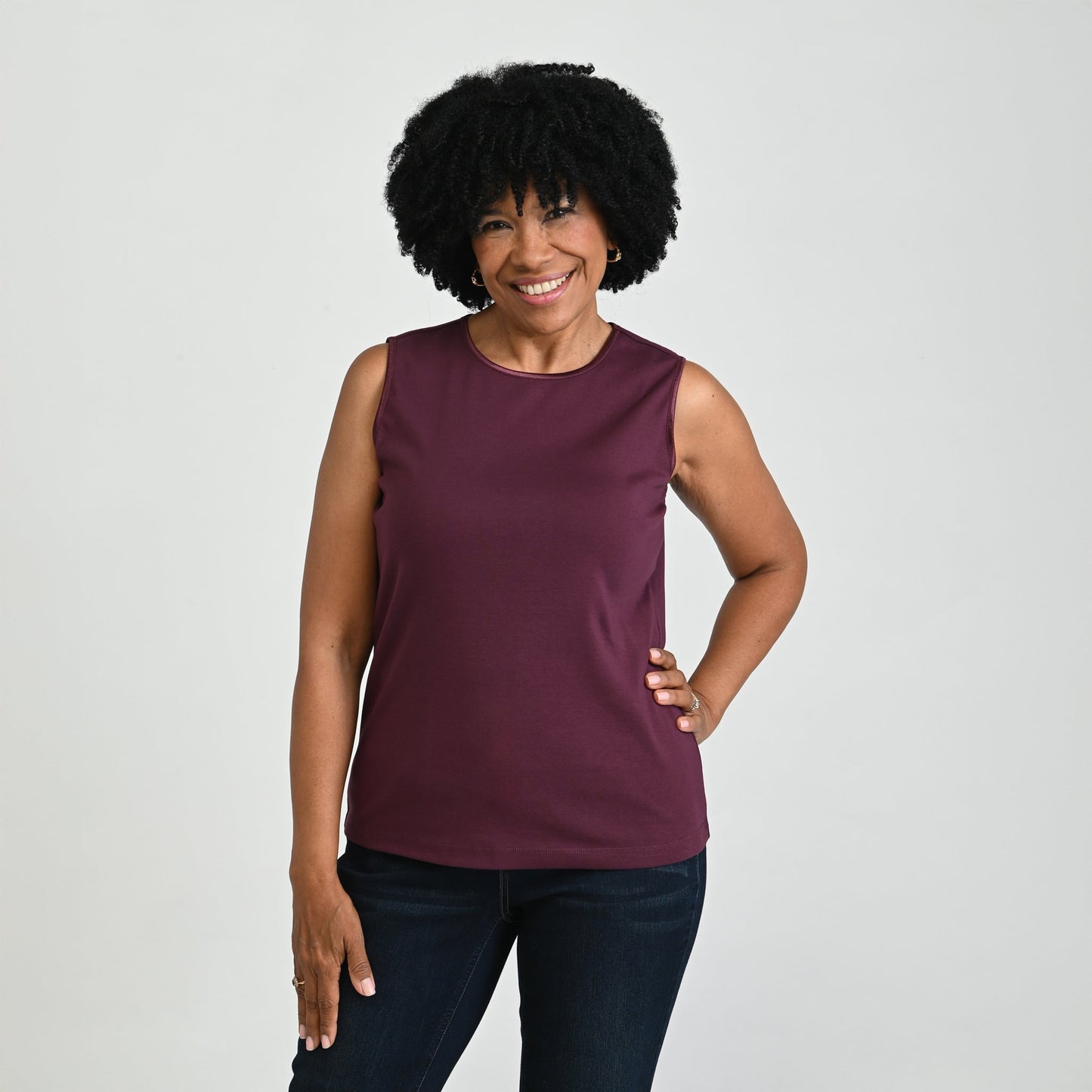 Sleeveless Crew Neck Satin Trim Petite Perfect Tank