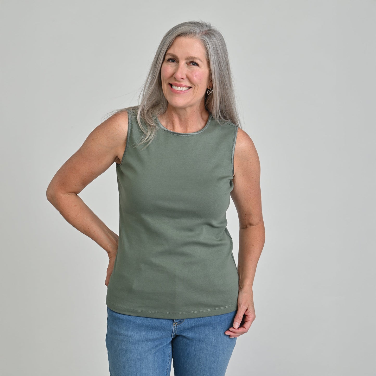 Plus Size Sleeveless Crew Neck Satin Trim Perfect Tank