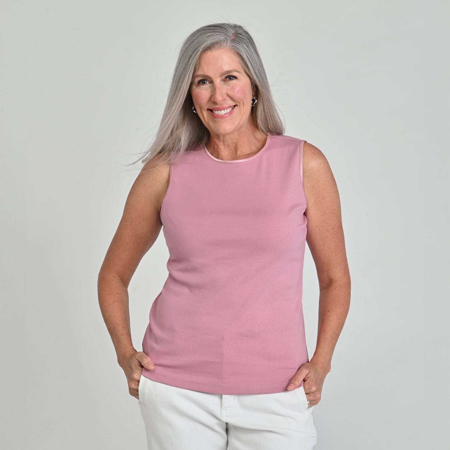 Missy Sleeveless Crew Neck Satin Trim Perfect Tank