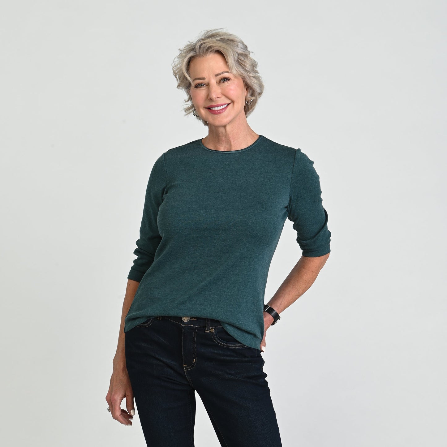 3/4 Sleeve Heathered Satin Trim Petite Perfect Tee