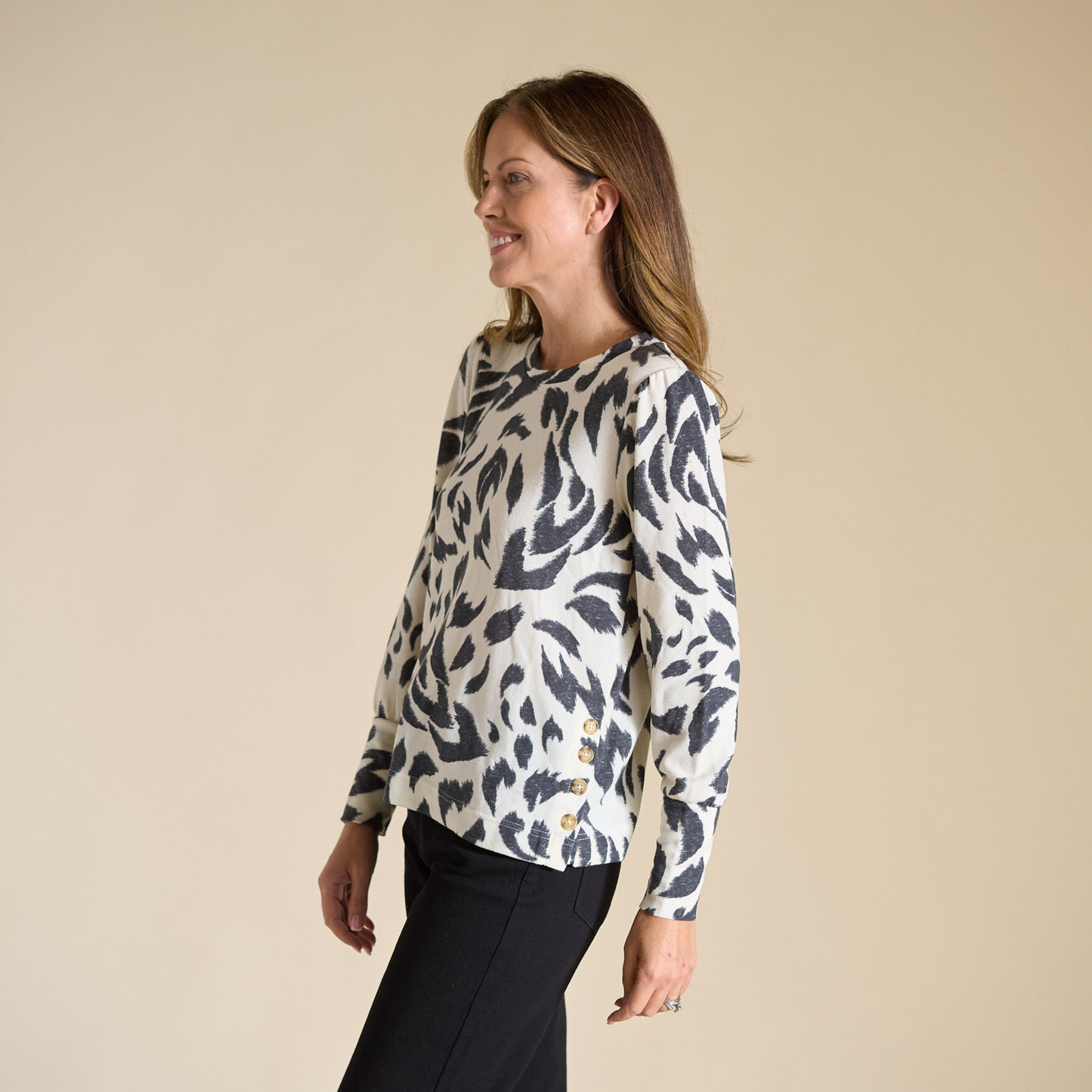 Abstract Printed Button Side Long Sleeve Top
