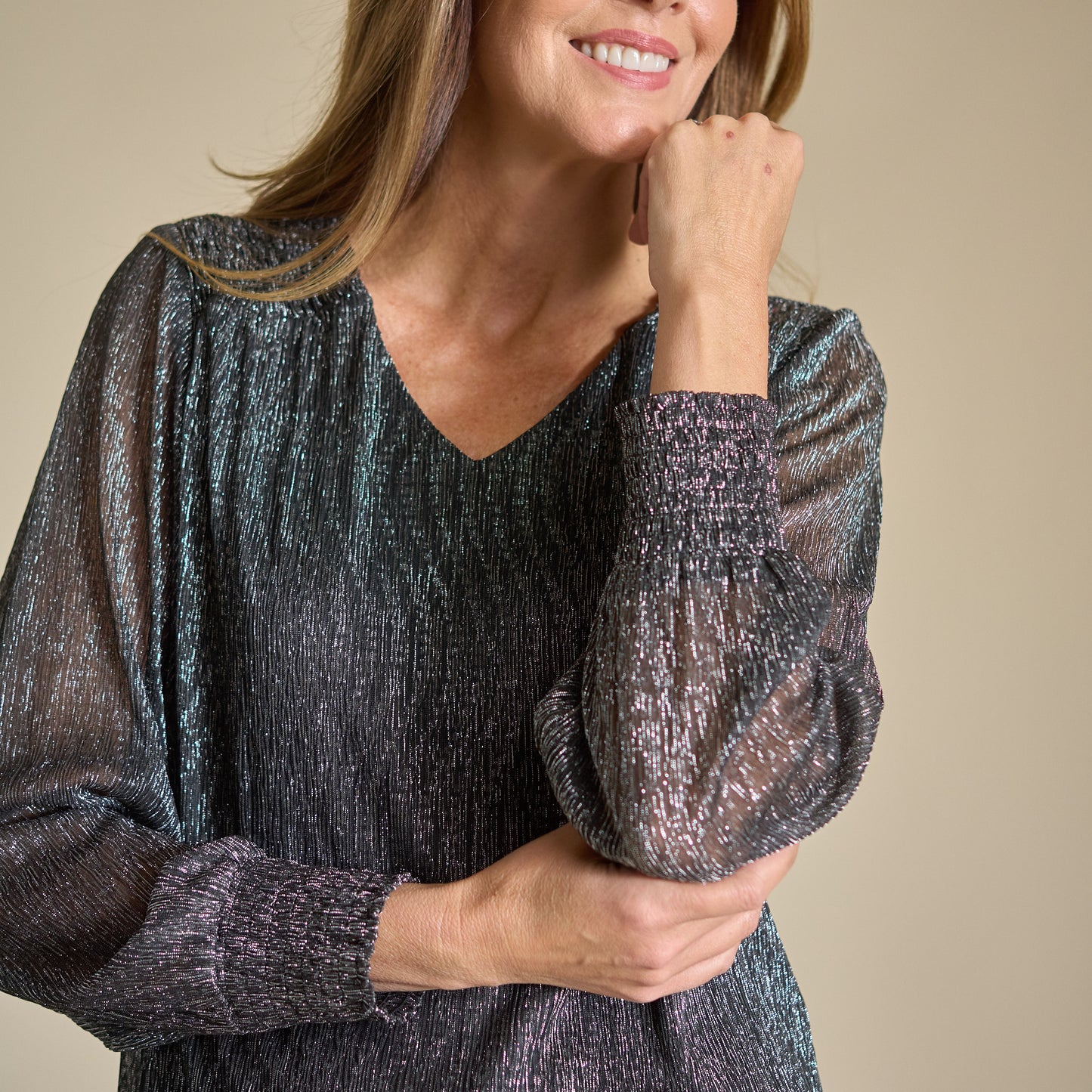 Bodre V Neck Shirred Sleeve Blouse