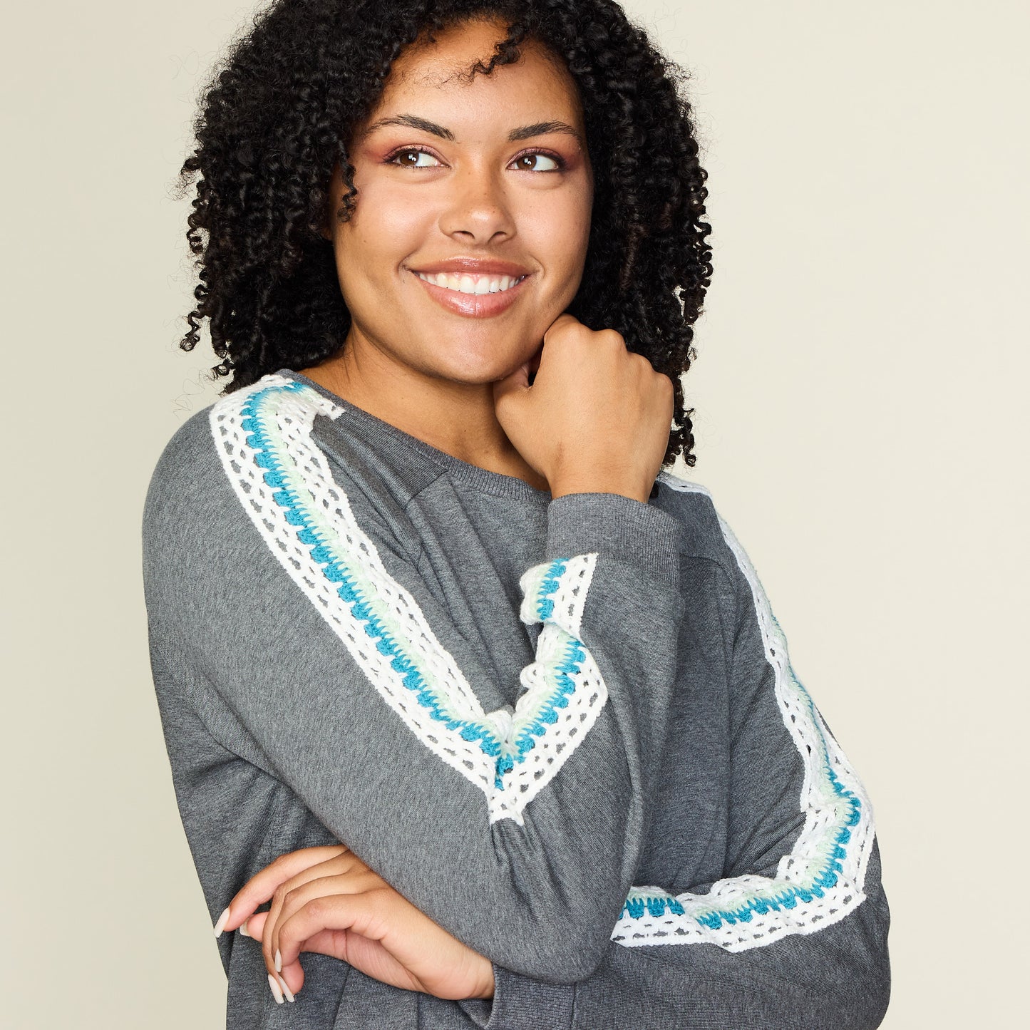 Relaxed Restyled Crochet Sleeve Detail Sweatshirt
