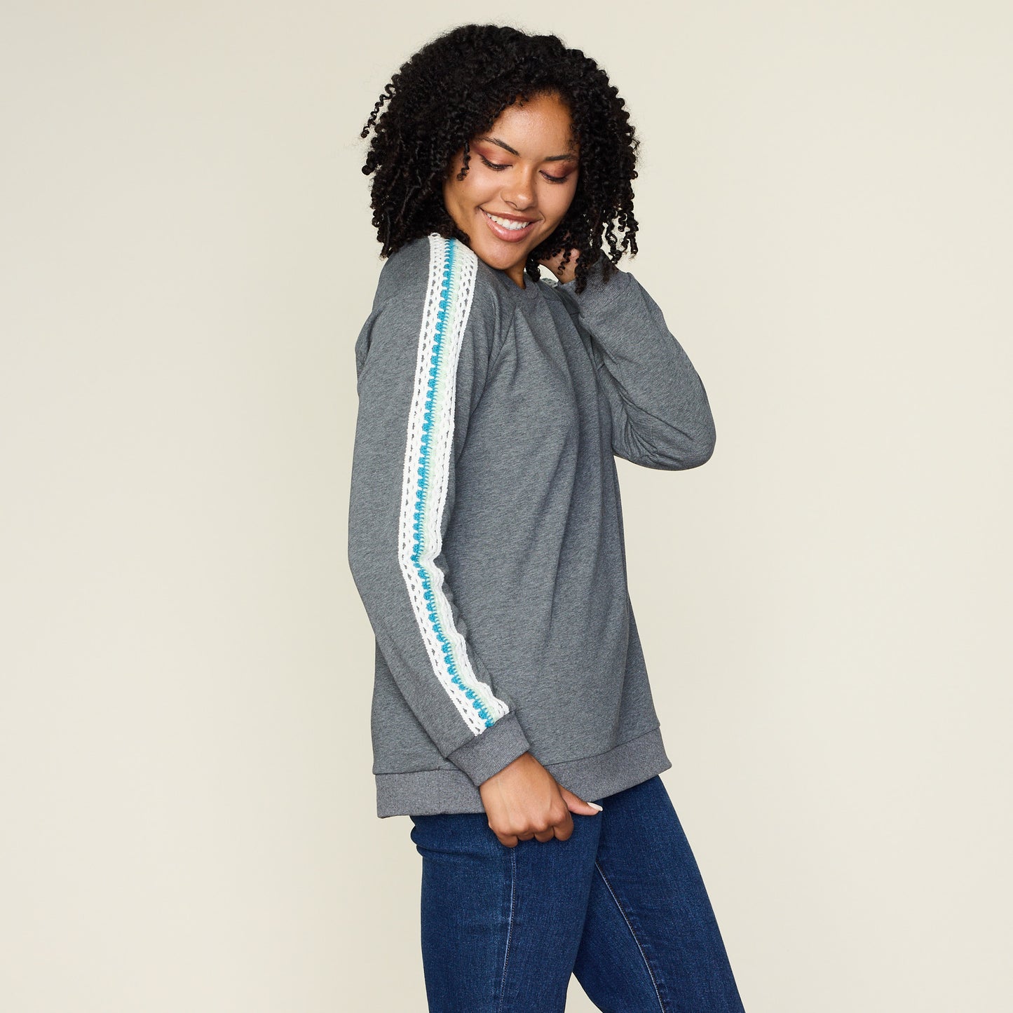 Relaxed Restyled Crochet Sleeve Detail Sweatshirt