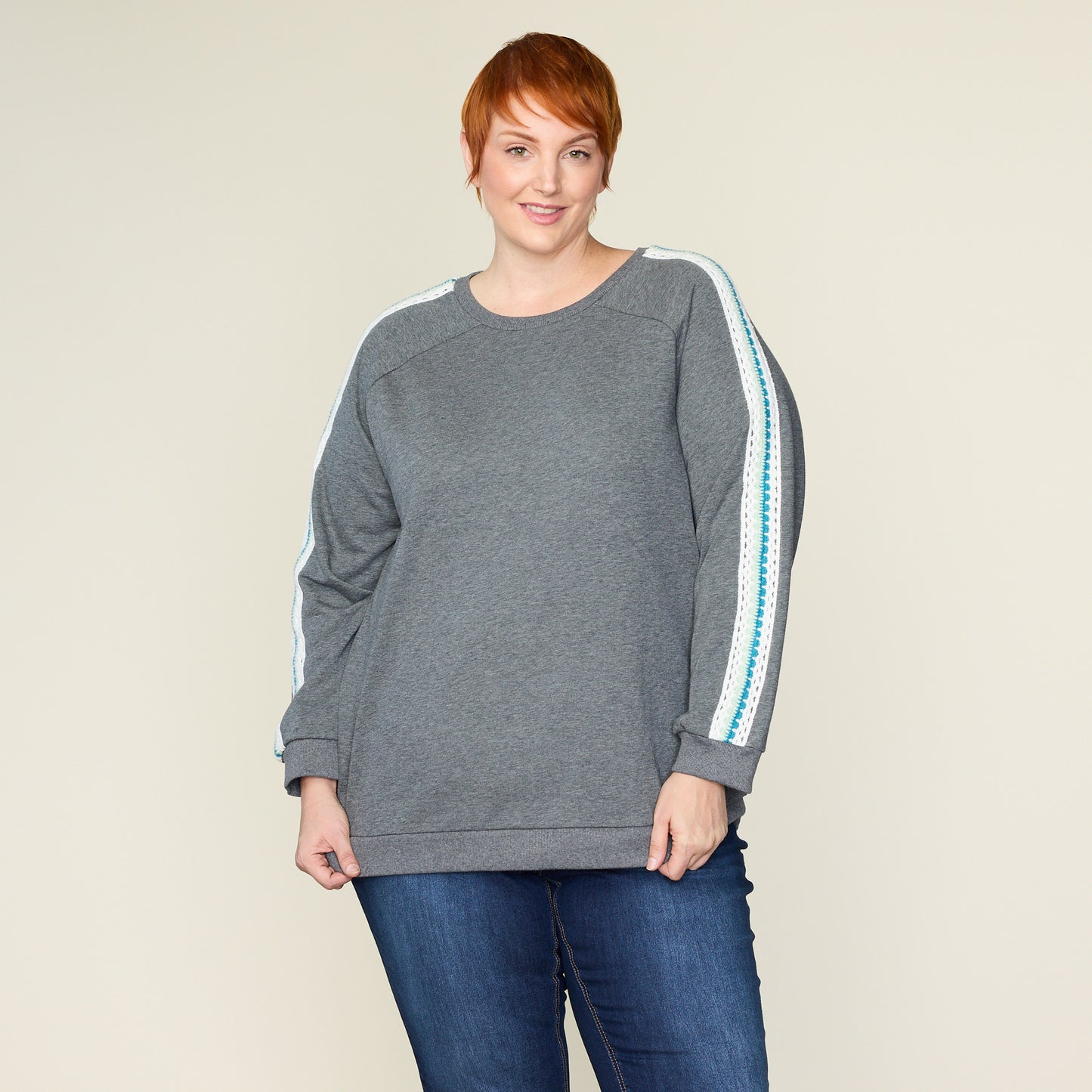 Relaxed Restyled Crochet Sleeve Detail Sweatshirt