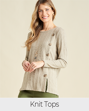 Explore our knit tops! Featuring a brown rib knit tee.