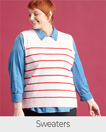 Explore our sweaters! Featuring a red striped sweater vest.
