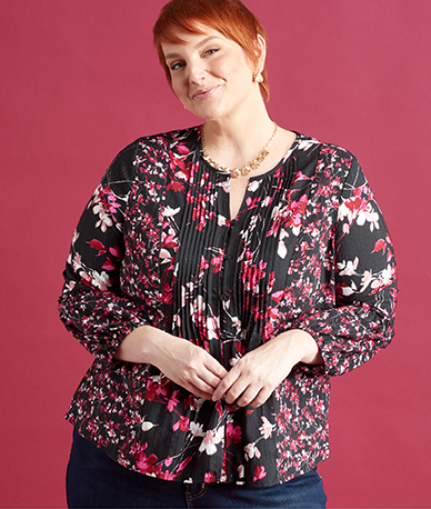 Explore our blouses & shirts! Featuring a botanical floral print blouse.
