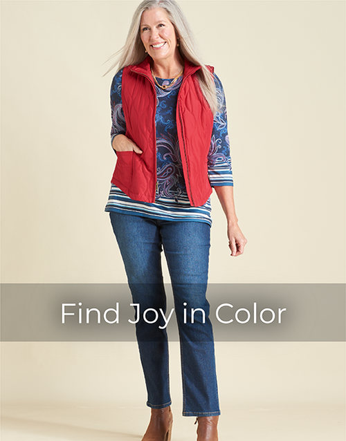 Find Joy in Color. Featuring a blue paisley tee and red vest!