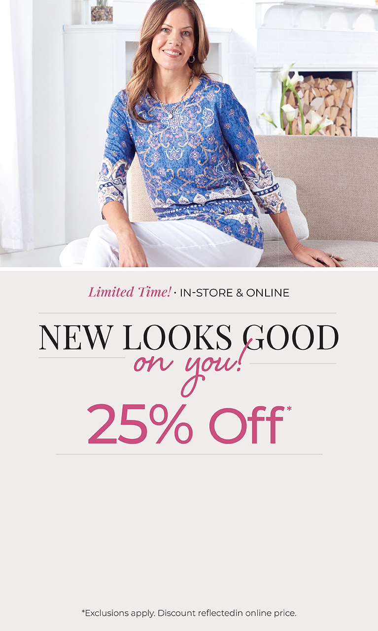 Limited Time! In-Store & Online: New Looks Good On You! 25% off. Featuring a blue medallion border print tee*exclusions apply