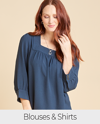 Explore our blouses & shirts! Featuring a blue stitch detail top.