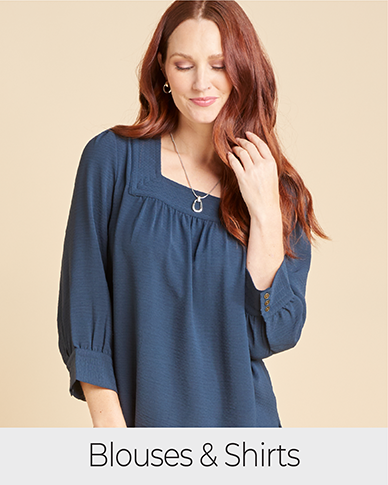 Explore our blouses & shirts! Featuring a blue stitch detail top.