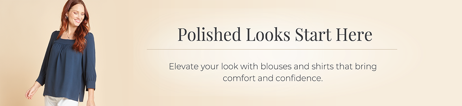 Polished Looks Start Here: Elevate your look with blouses and shirts that bring comfort and confidence. Featuring a blue stitch detail top.