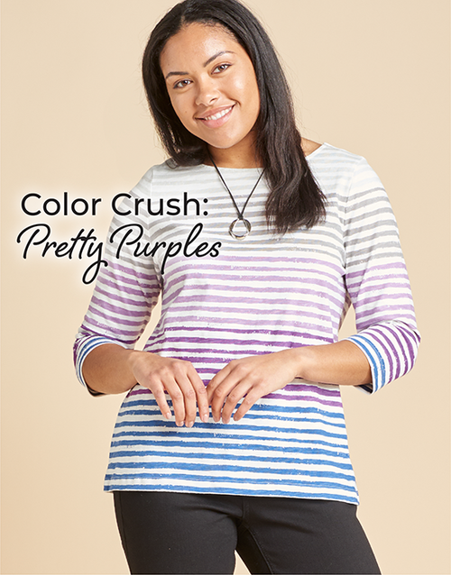 Color Crush: Pretty Purples. Featuring a purple ombre stripe tee!