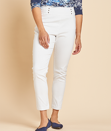 Explore our pants! Featuring a white millennium ankle pant.