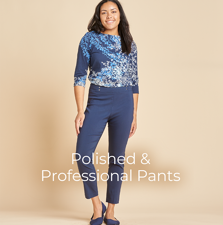 Polished & Professional Pants. Featuring a blue embellished swirl print tee and blue millennium ankle pant!
