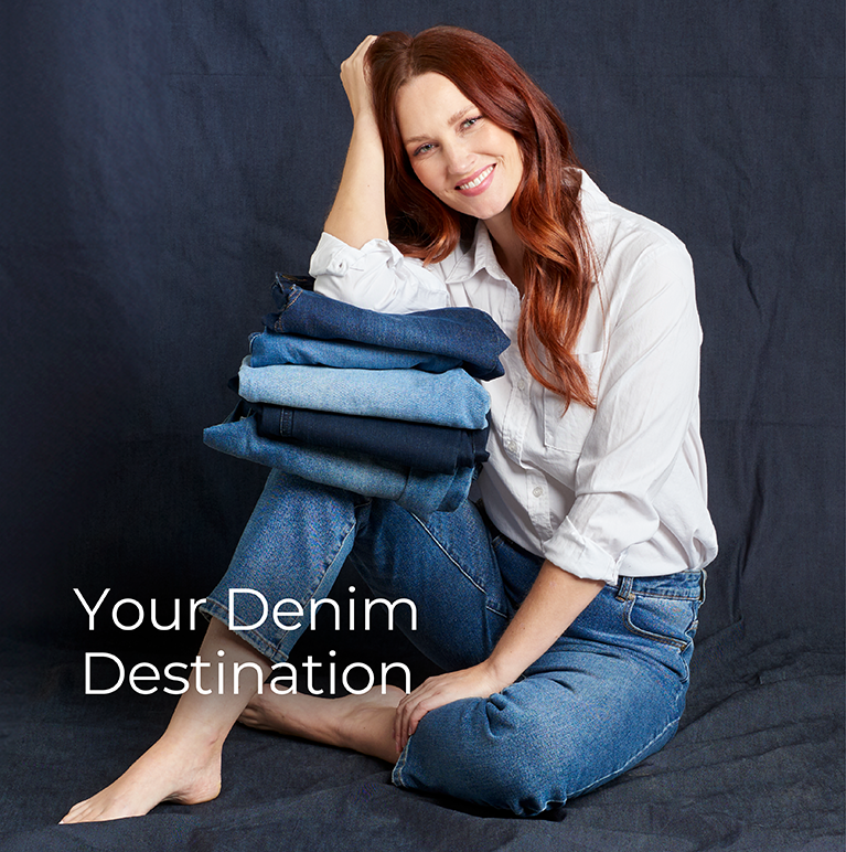 Your Denim Destination. Featuring a white boyfriend shirt and an assortment of versatile denim!