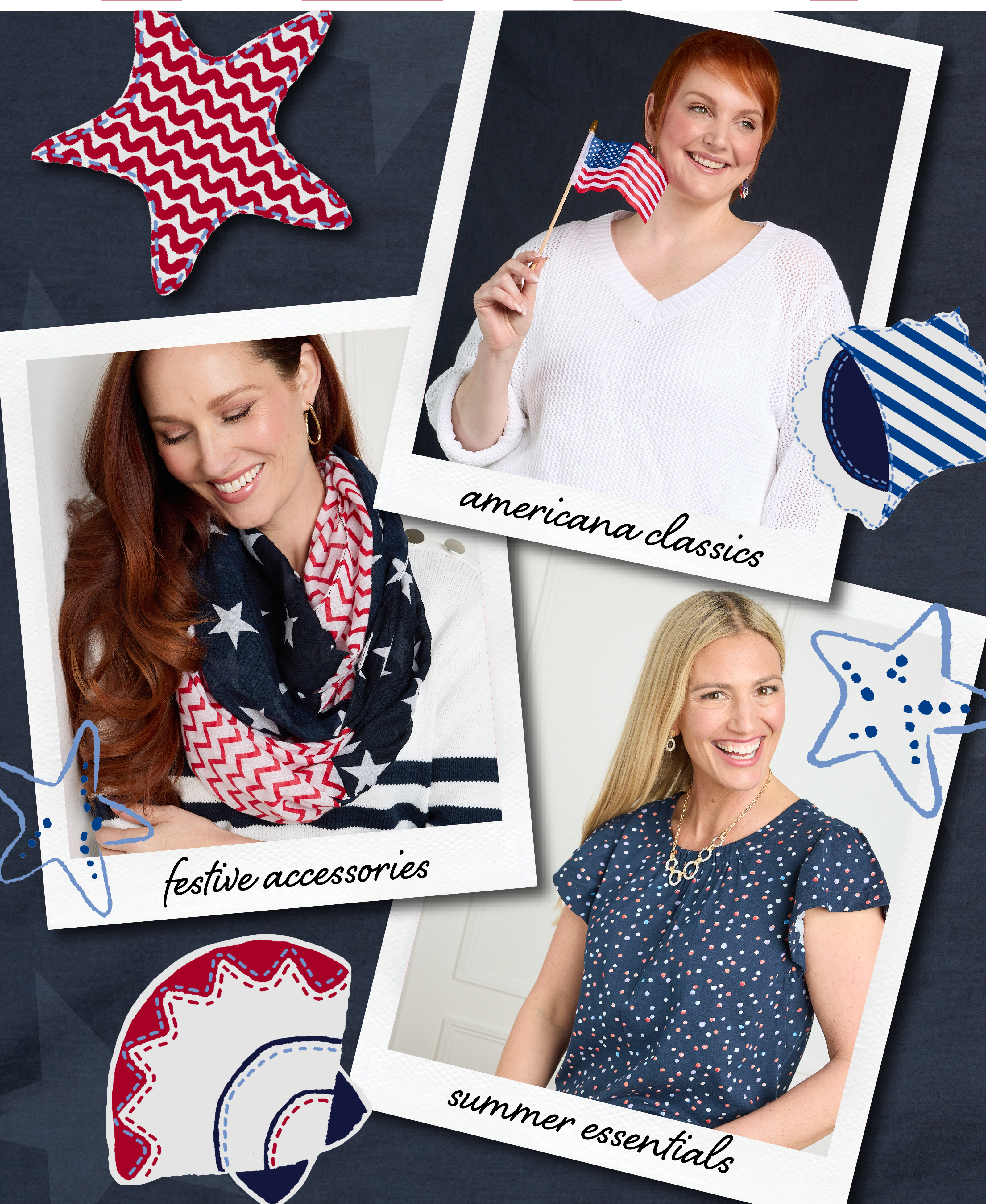Explore our new arrivals! Featuring festive americana tops and accessories.