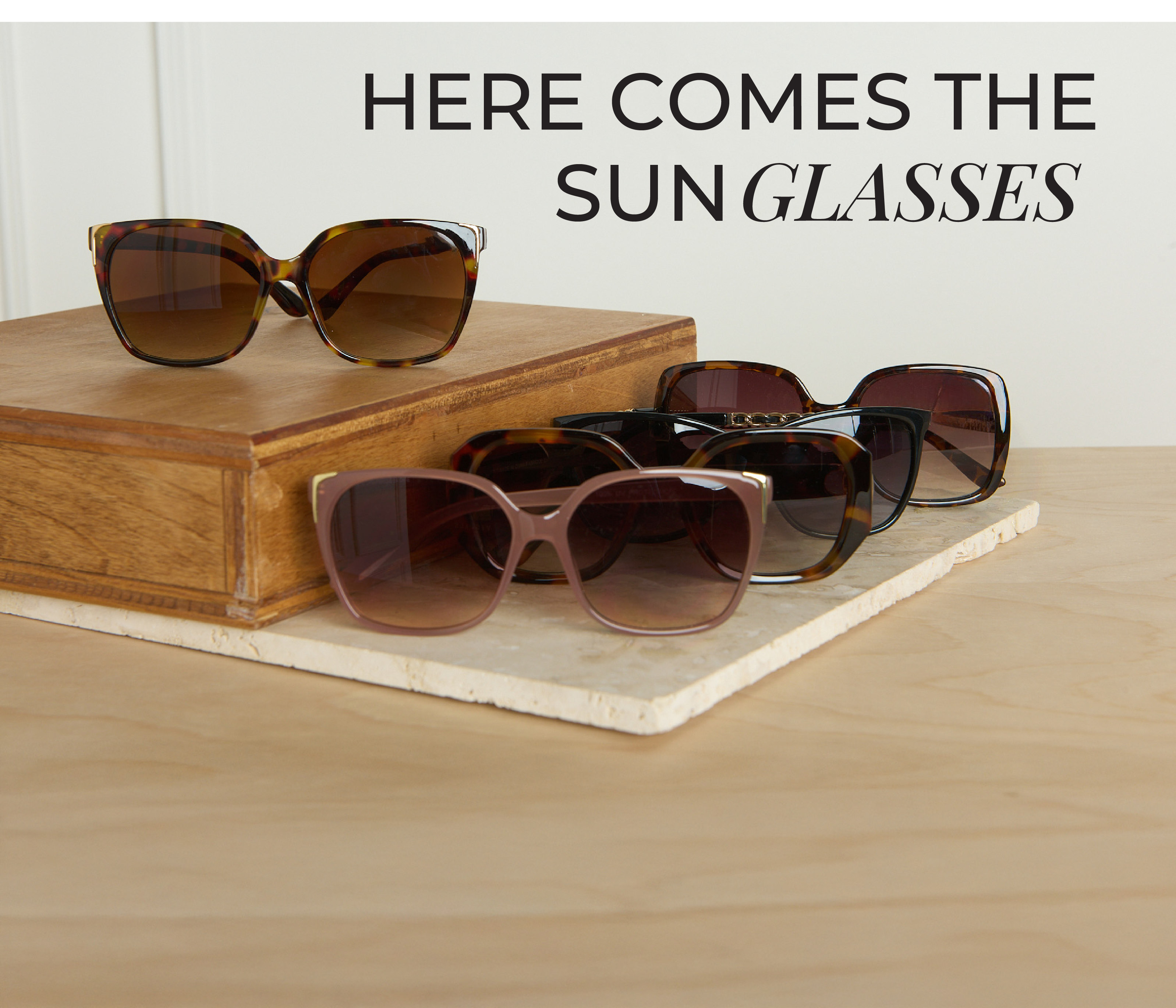 Here comes the sunglasses. Featuring an assortment of stylish sunglasses.