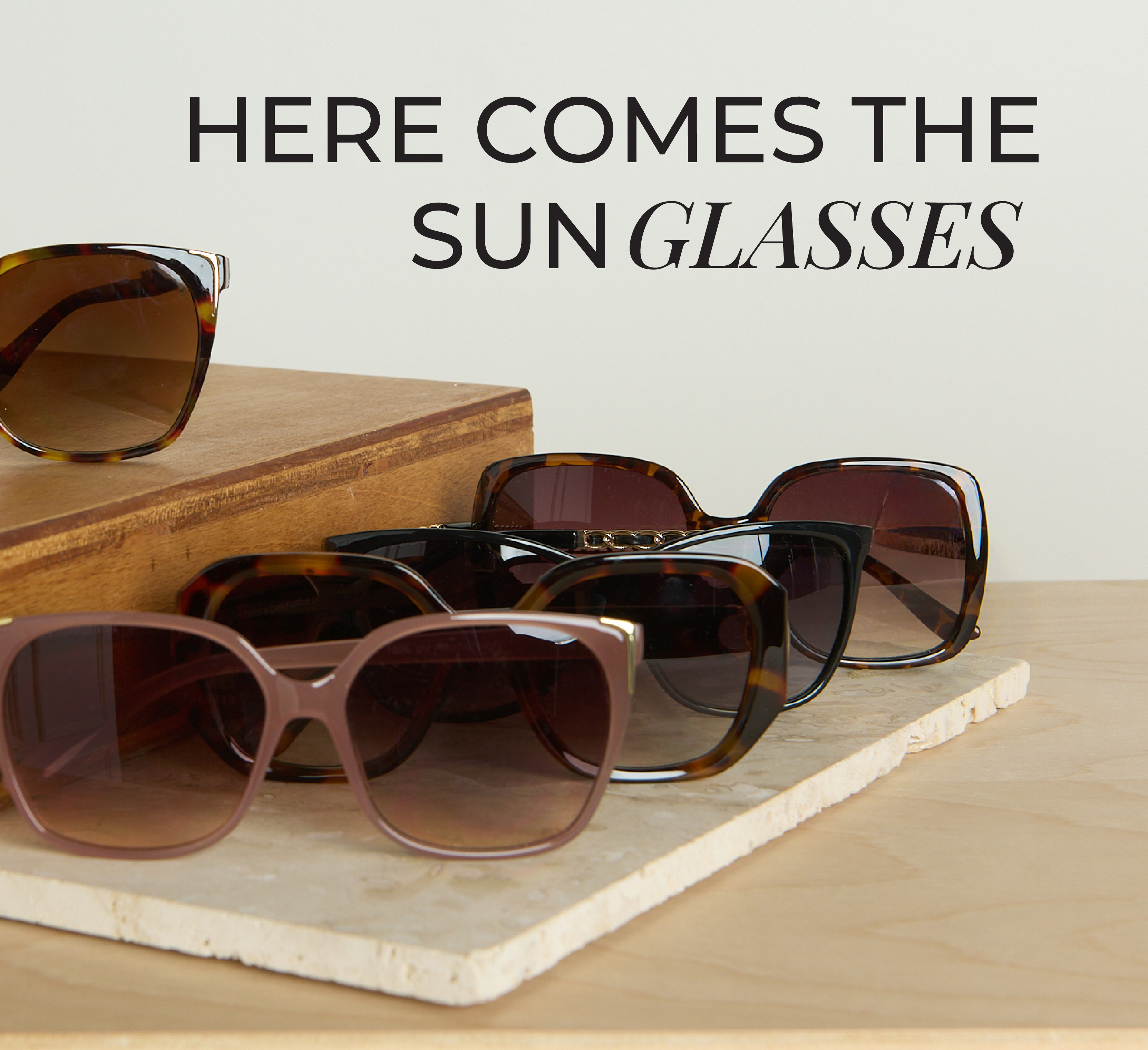 Here comes the sunglasses. Featuring an assortment of stylish sunglasses.